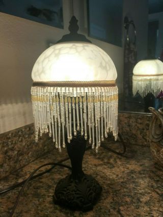 Tiffany Style 13 " White Frosted Glass Lamp Shade With Beaded Fringe