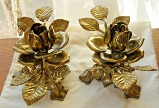 2 Candleholders Brass Rose Pair Gold Metal Ornate & Elegant Vintage 1940/50 