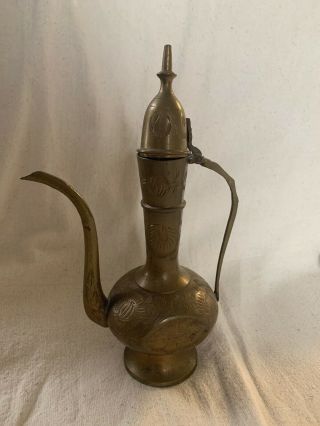 Vintage India Brass Etched Tea Creamer Genie Lamp Antique Vintage Bottle 9”