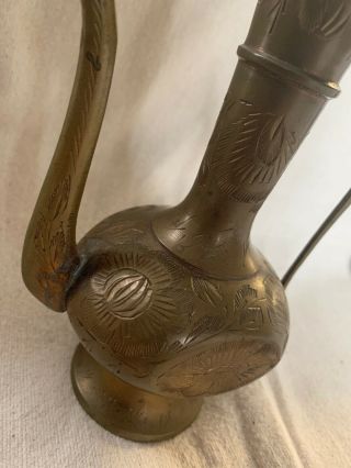 Vintage India Brass Etched Tea Creamer Genie Lamp Antique Vintage Bottle 9” 2