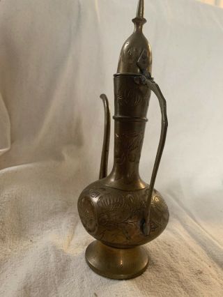 Vintage India Brass Etched Tea Creamer Genie Lamp Antique Vintage Bottle 9” 5