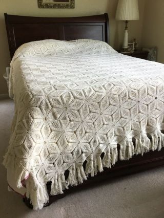 Vintage Lacy Crochet Large Queen Size Bedspread Approx.  84” By 108” Off White