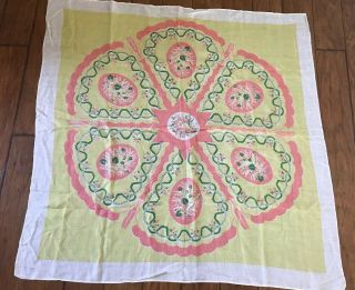 Vintage Linen Tablecloth With Yellow Green Pink Floral Easter Look 52” Square