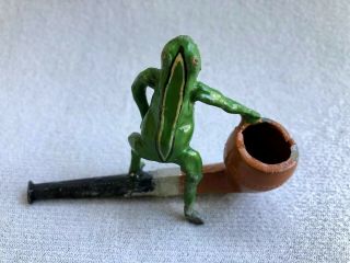 Small Antique Cast Iron Miniature Smoking Pipe Frog Figurine Desk Match Holder? 3