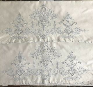 Vintage Pair Madiera Blue Hand Embroidered Pillowcases Standard Size Floral