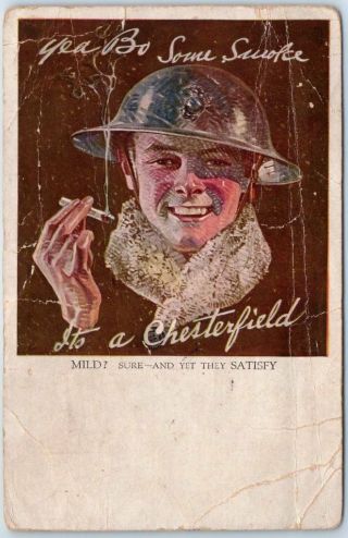 1918 World War I Chesterfield Cigarettes Advertising Postcard Soldier Creasing