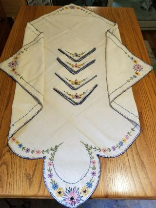 Vintage Hand Embroidered Unusual Multicolored Floral Linen Tablecloth Napkin Set