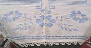Vtg Linen Tablecloth Hand Embroidered Blue Flowers Lace Edging 44 " X 47 1/2 "