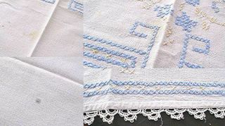 VTG LINEN TABLECLOTH HAND EMBROIDERED BLUE FLOWERS LACE EDGING 44 