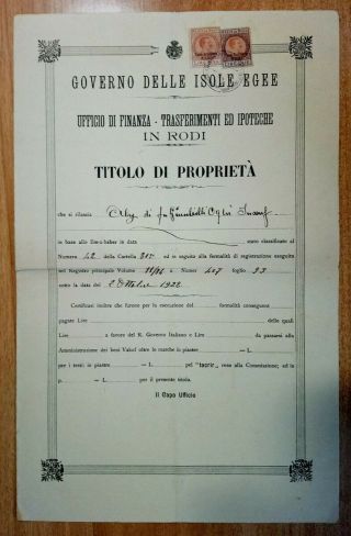 Rodi Rhodes Rhodos Egeo Dodecanese Italian Document Titolo Di Proprieta Property