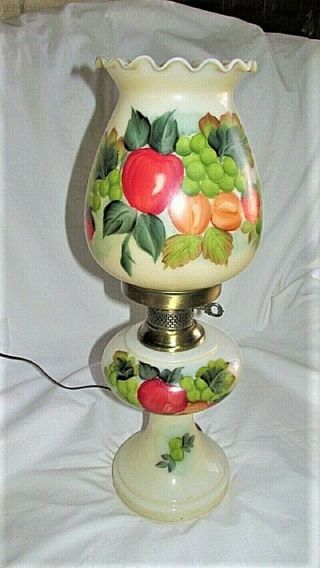 Vtg Antique Hand Painted Red Green Fruit Milk Glass Gone W Wind Hurricane Lamp