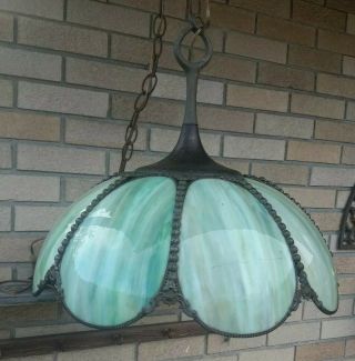 Vintage Large Green Slag Glass Pendant/swag Light Fixture