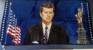 Vtg John F Kennedy 38 " X 19 " Wall Hanging Tapestry Rug Statue Of Liberty & Flag