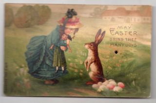 A6932 Squeeker Postcard,  Easter,  Girl With Rabbit And Eggs.