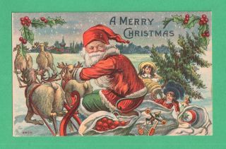 Vintage Christmas Postcard Santa Claus Reindeer Sleigh Snow Holly Toys Apples