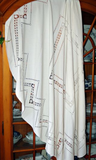 German Antique 70 " Round Linen Tablecloth Handembroidered Cut Out Work