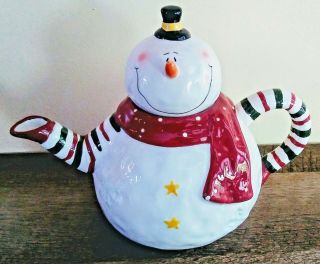 Snowman Christmas Teapot Hand Painted Scarf Hat Ceramic Stars Snowflakes