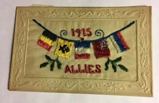 Wwi Military 1915 Patriotic Allied Flags Embroidered Postcard