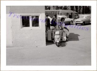 Early 1950s Woman With Three Wheel Motorcycle Ice Cream/vendor Cart Photo