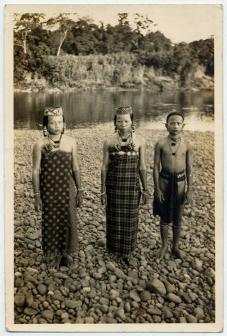 7127 1920s Formosa Old Photo / Native Boy & Girls In Folk Costume W Tribe Taiwan