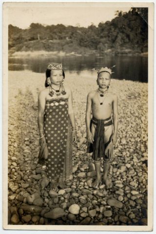 7126 1920s Formosa Old Photo / Native Boy & Girl In National Costumes W Taiwan