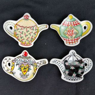 Mary Engelbreit 2002 Set Of 4 Ceramic Teabag Holders Teapot Motif