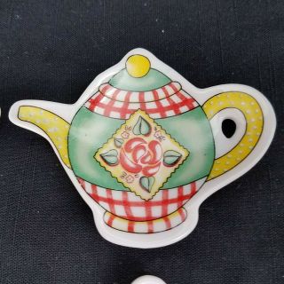 Mary Engelbreit 2002 Set of 4 Ceramic Teabag Holders Teapot Motif 5