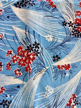 Vintage Cotton Fabric.  Red Flowers On Blue And White Background Pretty 1yd32”