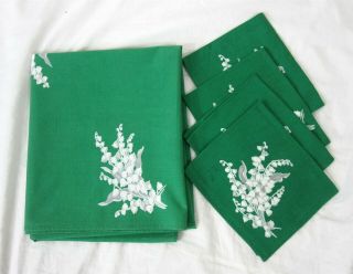 Americas Pride Tablecloth & 4 Napkins Green Lily Of The Valley Vintage 1950s