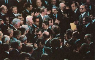 Members Of Congress Crowd Around President Ronald Reagan Postcard Political