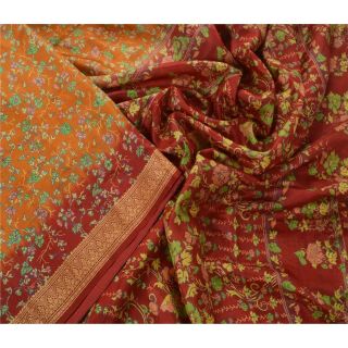 Sanskriti Vintage Saffron Saree 100 Pure Silk Printed Sari Craft 5 Yard Fabric