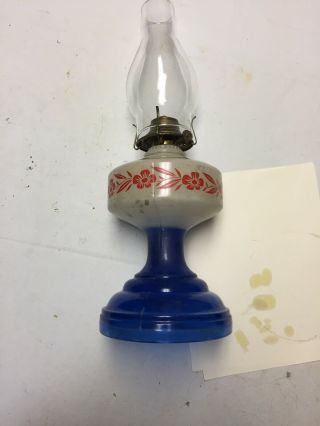 Antique Red White And Blue Kerosene Oil Lamp With Globe