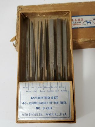 Vintage Set Of 12 Heller Needle Files No 0 Cut Wood Stand