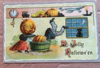 Vintage Halloween Postcard - Man & Woman With Pumpkin Heads 1910