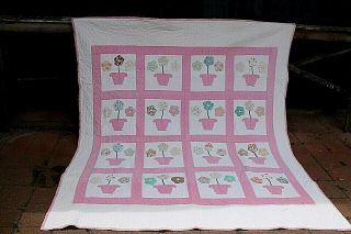Vtg Cotton With Cotton Batting Hand Quilted Quilt Flowers 73 By 80