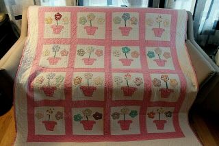 Vtg Cotton with Cotton Batting Hand Quilted Quilt Flowers 73 by 80 4