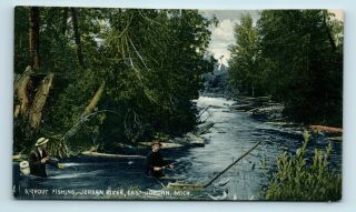 East Jordan,  Mi - Gorgeous Early 1900s Trout Fishing Postcard - Men River East