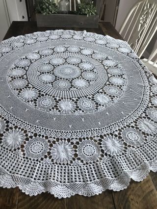 Vtg Hand Crocheted Cotton Round Table Cloth Topper Doily 64” White Lace French