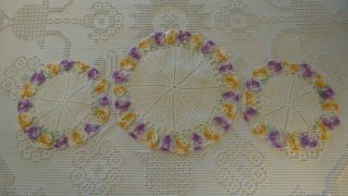 Set Of 3 Vintage Crocheted Doilies,  Pansy Pattern,  Shades Of Purple & Gold