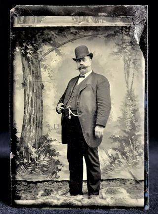 Great 1/6 Plate Tintype - A Stout Man Of Stature With A Huge Handlebar Mustache