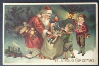 Santa Claus With Children Toys Train Teddy Bear Antique Christmas Postcard - C462