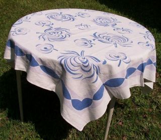Vintage Blue & Violet Printed Chrysanthemums Tablecloth/floral Cotton/46 " X50 "