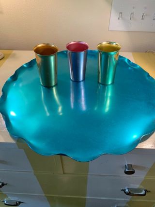 Vintage Large Mid Century Modern Turquoise Tray Anodized Spun Aluminum Mcm 20” D