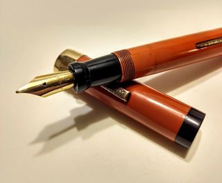 Oversize Webster Flattop Fountain Pen,  Orange/black Accts,  Gft,  Lf,  F 14k 8 Nib