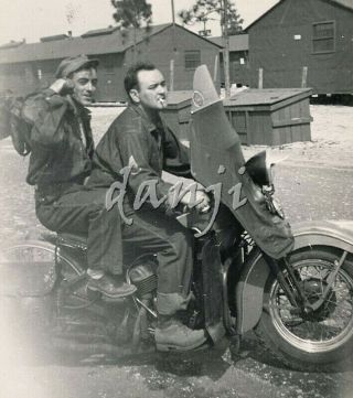 Us Soldiers On A Motorcycle Driving Past Barracks Old Military Photo