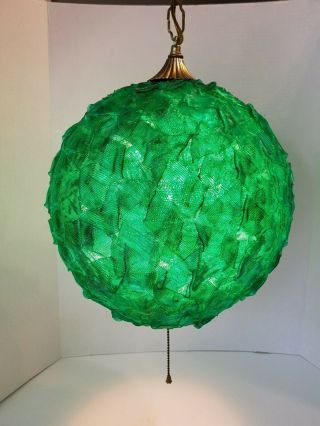 Vintage Mid Century Modern Green Lucite Ribbon Chunk Hanging Lamp Swag Retro