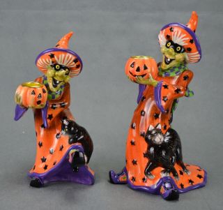 Set Of 2 Fitz And Floyd Witch Hazel Taper Candle Holder Halloween Black Cat