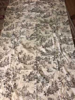 2 Lg Vintage French Country Black & White Cotton Toile Curtain Panels 82 " X48 "