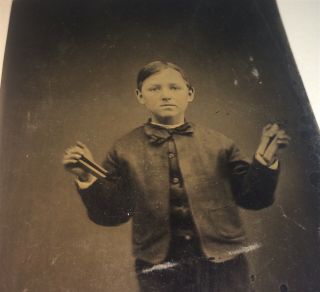 Rare Antique Victorian American Boy,  Playing The Bones Musical Tintype Photo