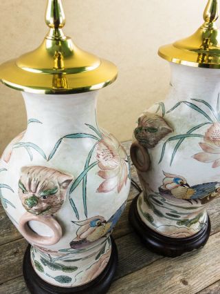 Heyward House Porcelain Lamp Pair | Duck & Lotus Flower Theme | Ivory Base Color